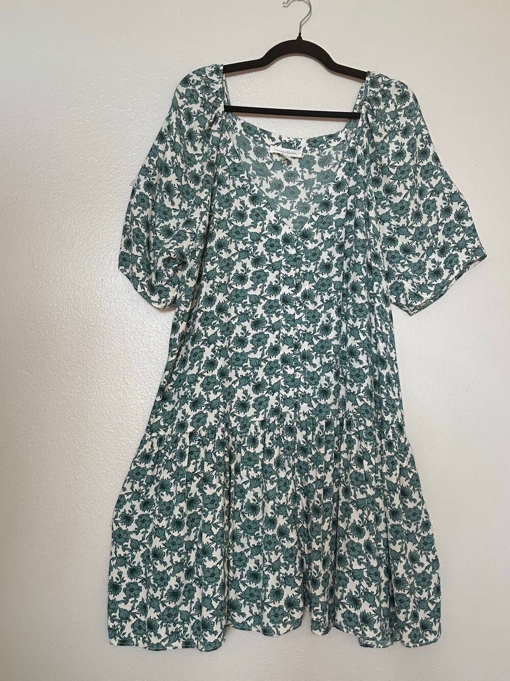 Treasure & Bond Floral Tiered Babydoll Top Dress Teal Green White Women's 1X